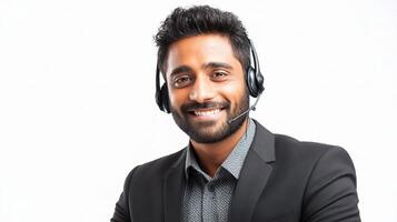 A smiling indian man wearing a headset photo