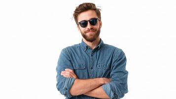 A man with sunglasses and a denim shirt photo