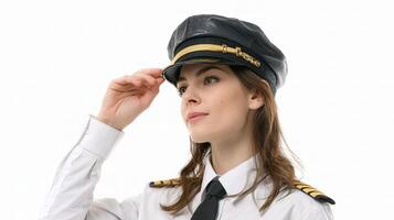 A woman in a pilot's uniform is adjusting her hat photo