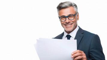 A man in a suit and glasses holding a piece of paper photo