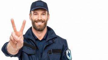 A man in a blue uniform is making the peace sign photo
