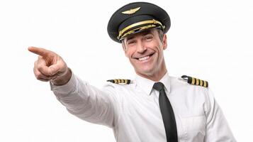 A smiling pilot pointing at something photo
