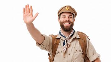 A bearded man in a scout uniform waving his hand photo