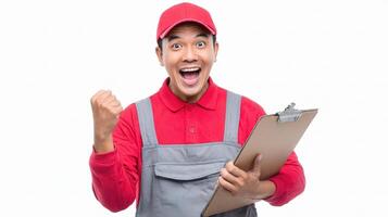 A man in a red shirt holding a clipboard photo