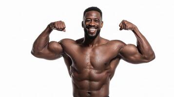 A man with a big muscular body is flexing his arms photo