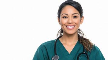 A woman in a green scrub suit is smiling photo