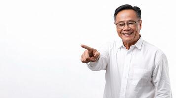 An older man in a white shirt pointing at something photo