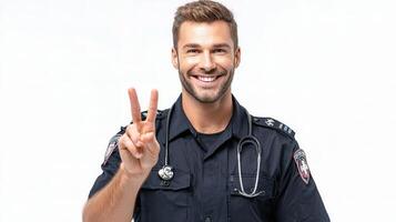 A smiling man in a police uniform making the peace sign photo