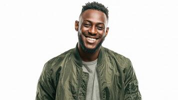 A man in a green jacket smiling photo