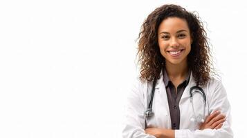 A smiling black woman in a white lab coat photo