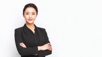 Asian business woman with arms crossed against white background photo
