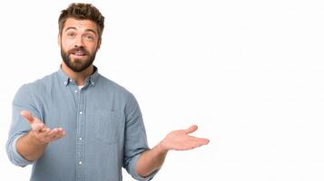 A man with a beard is holding something up photo