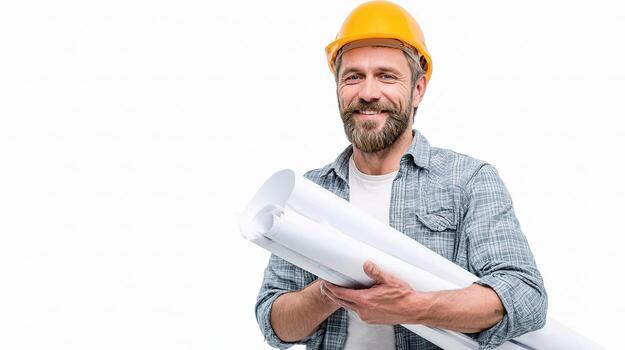 A man with a beard and a hard hat holding a blueprint photo