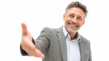 A man in a suit is smiling and pointing photo