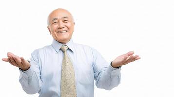 An older man is holding his hands out in front of him photo