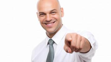 A bald man in a white shirt pointing at the camera photo