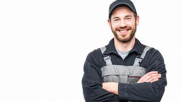 A man in a work uniform is smiling photo