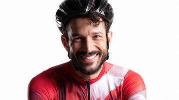 A man in a red and white jersey smiling photo