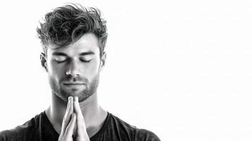A man is praying in a black shirt photo