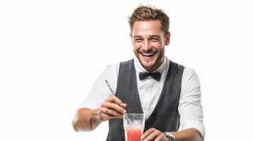A man in a vest holding a drink photo