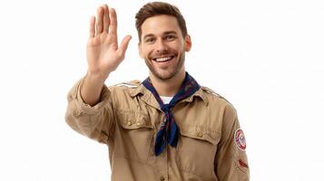 A man in a scout uniform waving photo