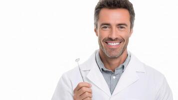 A smiling man in a lab coat holding a toothbrush photo