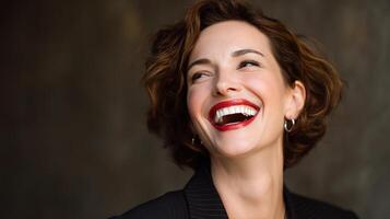 A woman with short hair and a red lipstick smiles photo