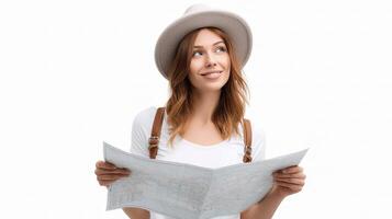 A woman in a hat holding a map photo