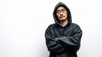 A man in a hoodie and glasses standing with his arms crossed photo