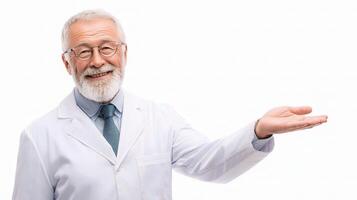 An older man in a white lab coat is holding something photo
