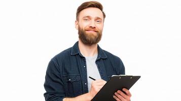A man with a beard and a clipboard is holding a clipboard photo