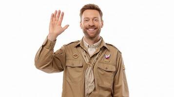 A man in a scout uniform waving his hand photo