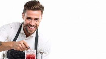 A man is smiling while holding a cocktail photo