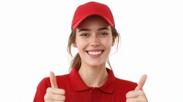 A woman in a red shirt and cap giving the thumbs up photo
