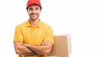 A smiling man in a yellow shirt holding a box photo