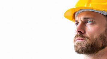 A man in a hard hat looking up photo