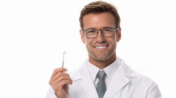 A man in a lab coat holding a toothbrush photo