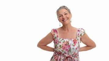 A woman in a floral dress smiling photo