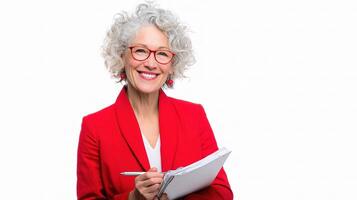 A woman with glasses and a red jacket is holding a notepad photo