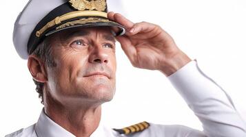A man in a uniform is looking up at the sky photo