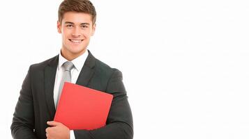 A man in a suit holding a red folder photo