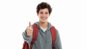 A young man with a backpack and thumbs up photo