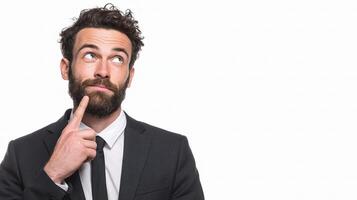 A man with a beard and suit is thinking photo