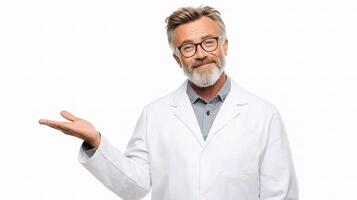 A man in a lab coat is holding something up photo