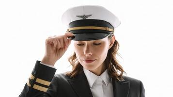 A woman in a uniform is adjusting her hat photo