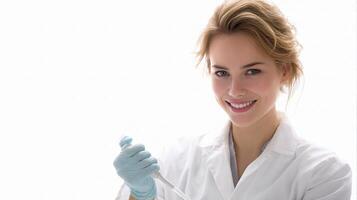 A woman in a lab coat holding a pipette photo