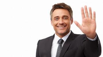 A man in a suit and tie waving his hand photo