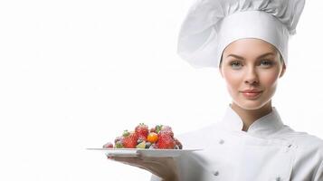 A woman in a chef hat holding a plate with fruit photo