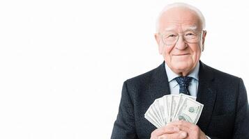 An older man in a suit holding money photo