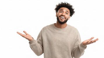 A man is standing with his hands out and looking surprised photo
